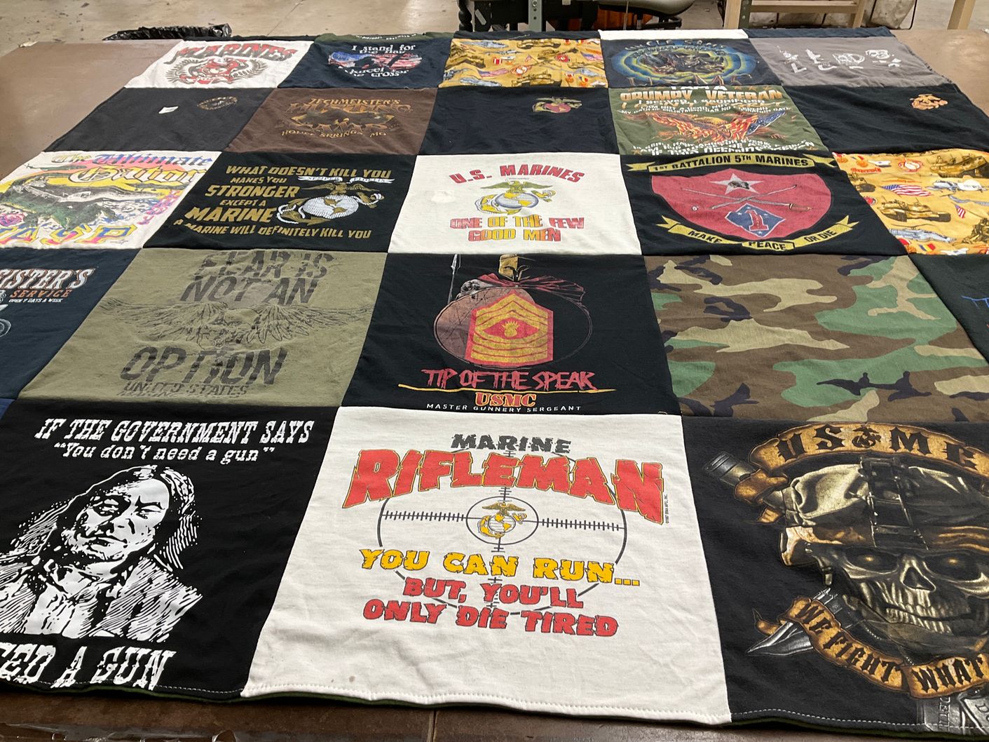 T-shirt quilt with military, veterans themes by Rebecca from TX
