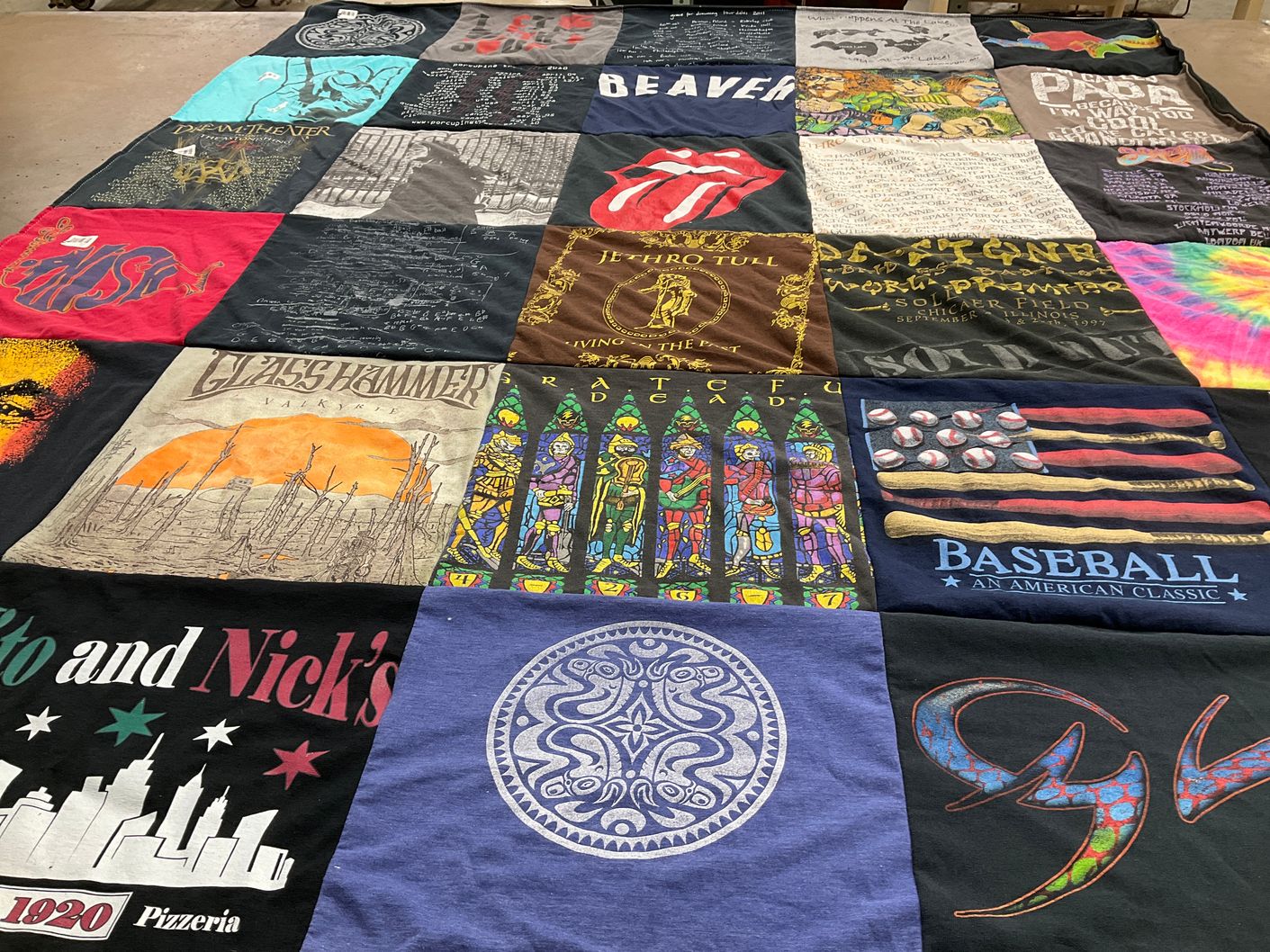 T-shirt quilt with music, baseball themes by Jean from MI