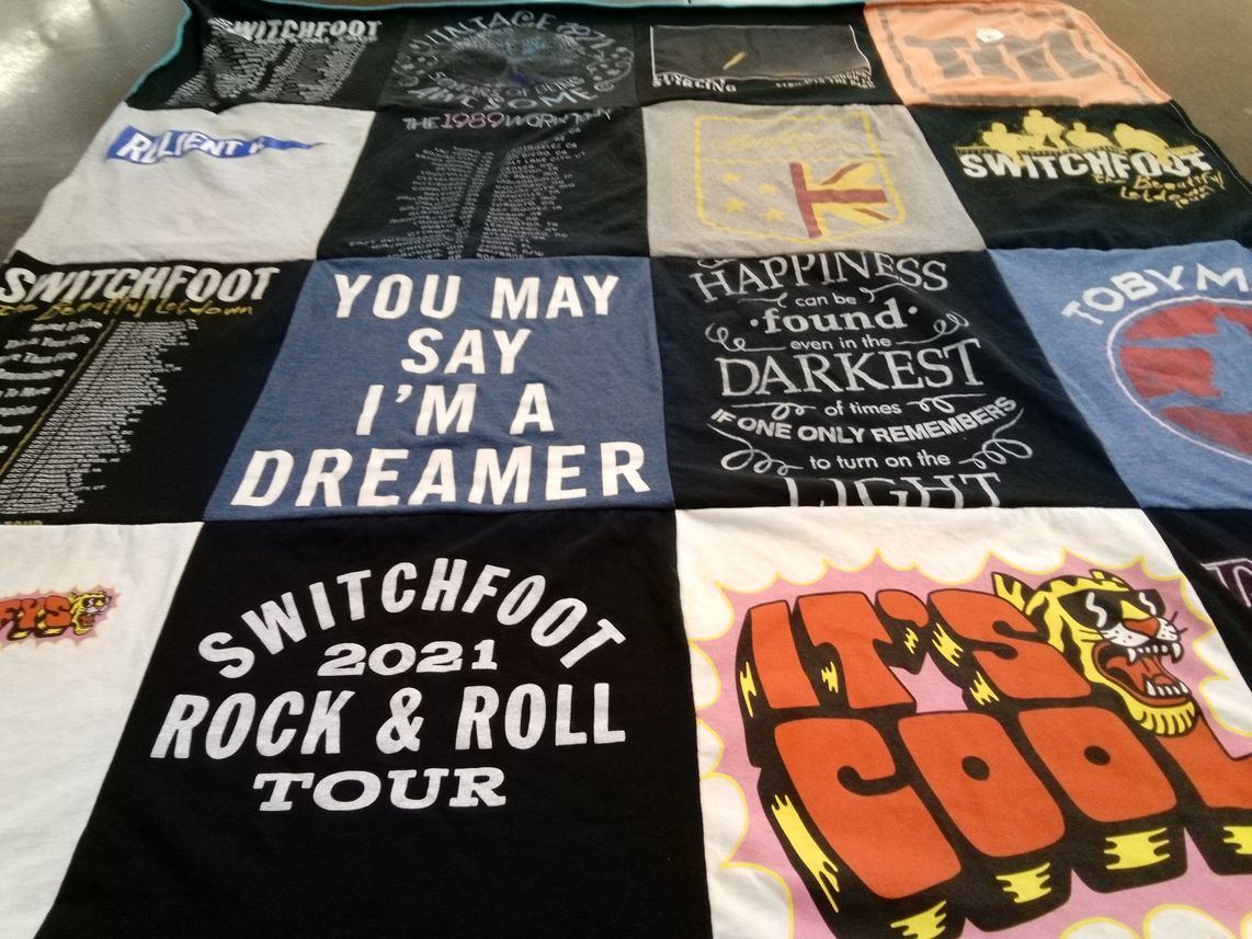 T-shirt quilt with music, rock themes by Mary Kay from OH