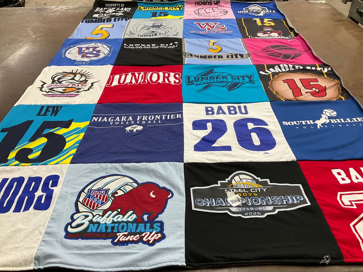 T-shirt quilt with volleyball, sports themes by Victoria from NY