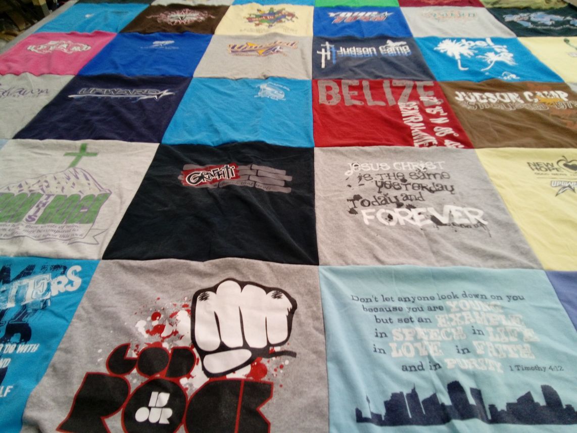 T-shirt quilt with faith, youth ministry themes by Kim from LA