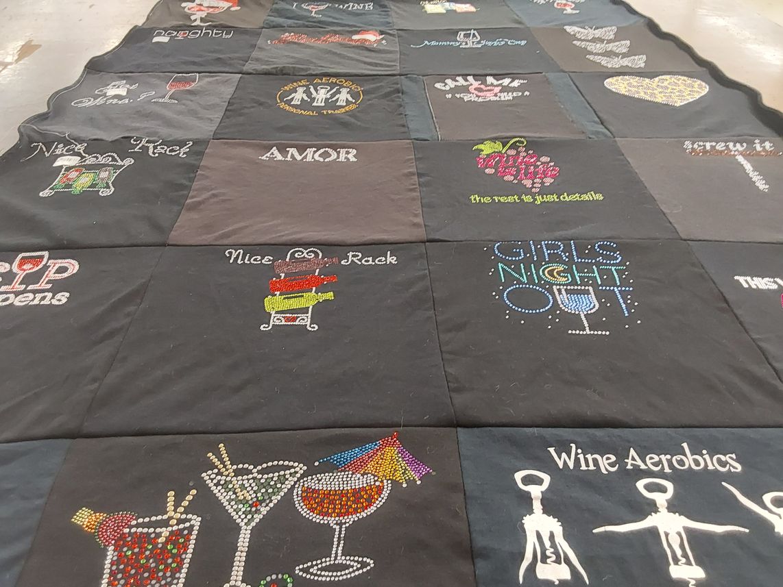 T-shirt quilt with wine tasting, fitness themes by Clare from NJ