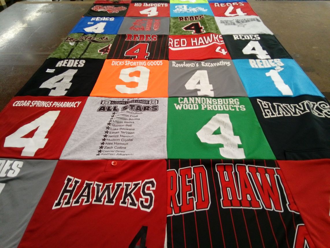 T-shirt quilt featuring red hawks by Jenny from MI