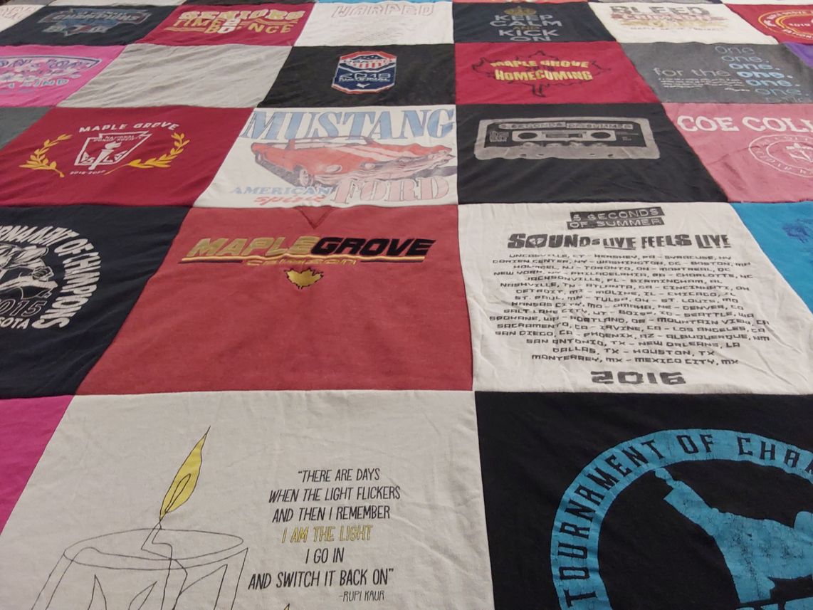 T-shirt quilt featuring maple grove mustangs by Laurie from MN