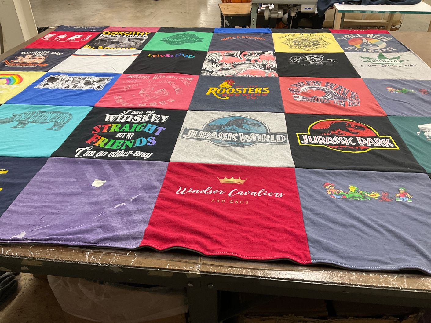 T-shirt quilt with dinosaurs, movies themes by Brody from UT