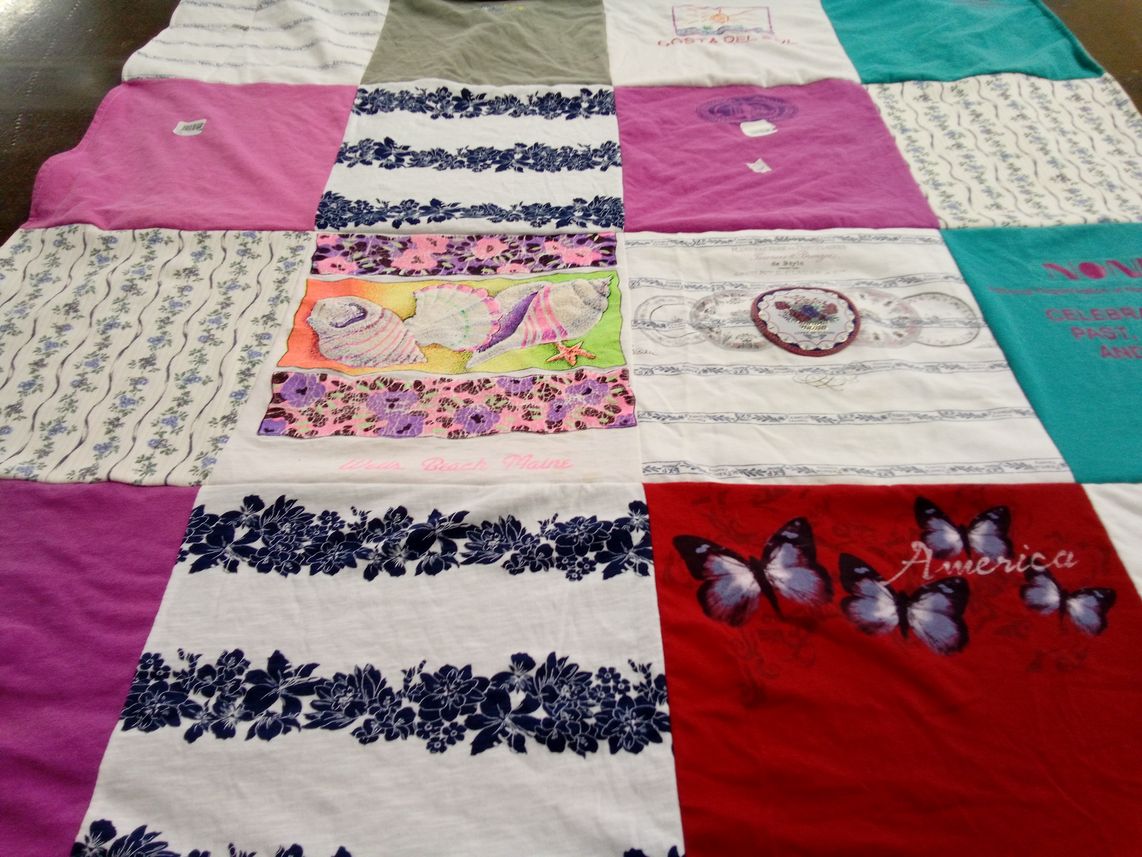 T-shirt quilt with beaches, travel themes by Teresa from NC