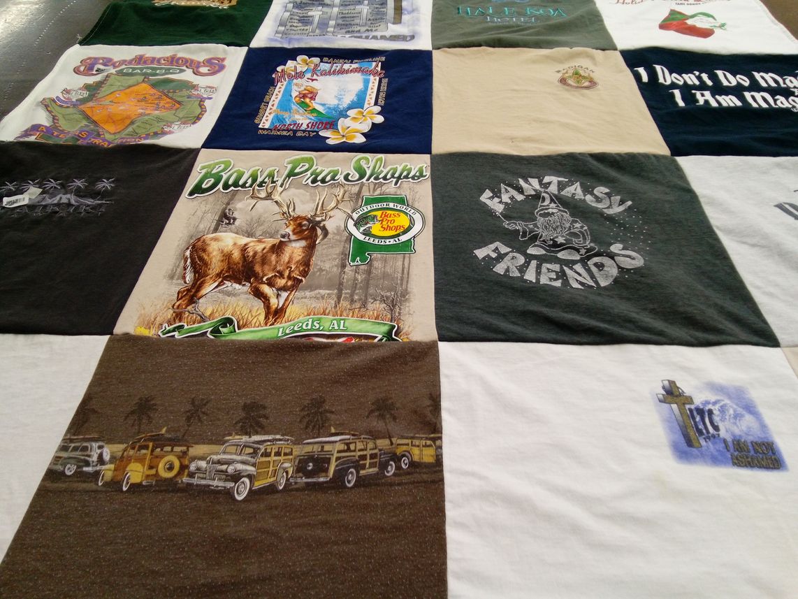 T-shirt quilt with fishing, golf themes by Sarah from AL