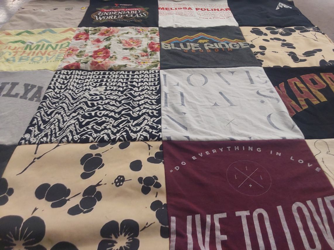 T-shirt quilt with love, mental health themes by Melissa from CA