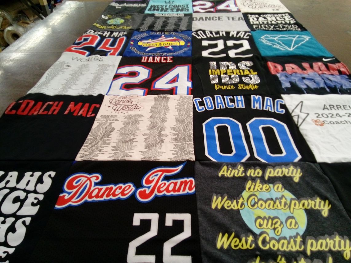 T-shirt quilt with dance themes by Mackenzie from CA