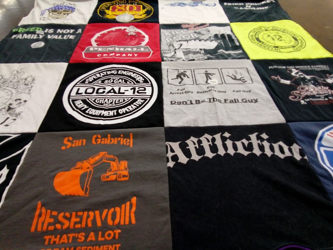 T-shirt quilt with heavy equipment operation, construction themes by Camille from CA