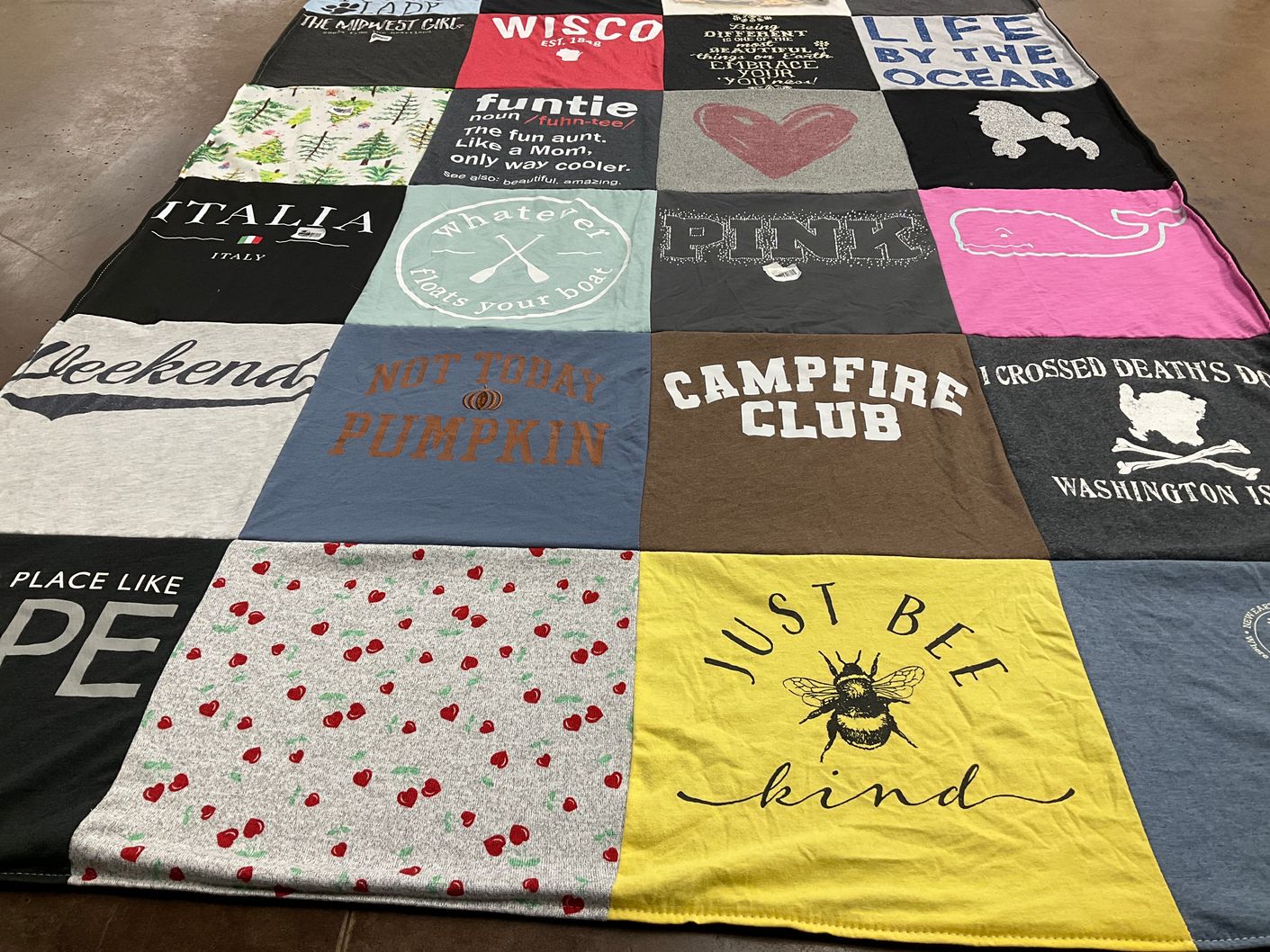 T-shirt quilt with travel, camping themes by Jason from WI