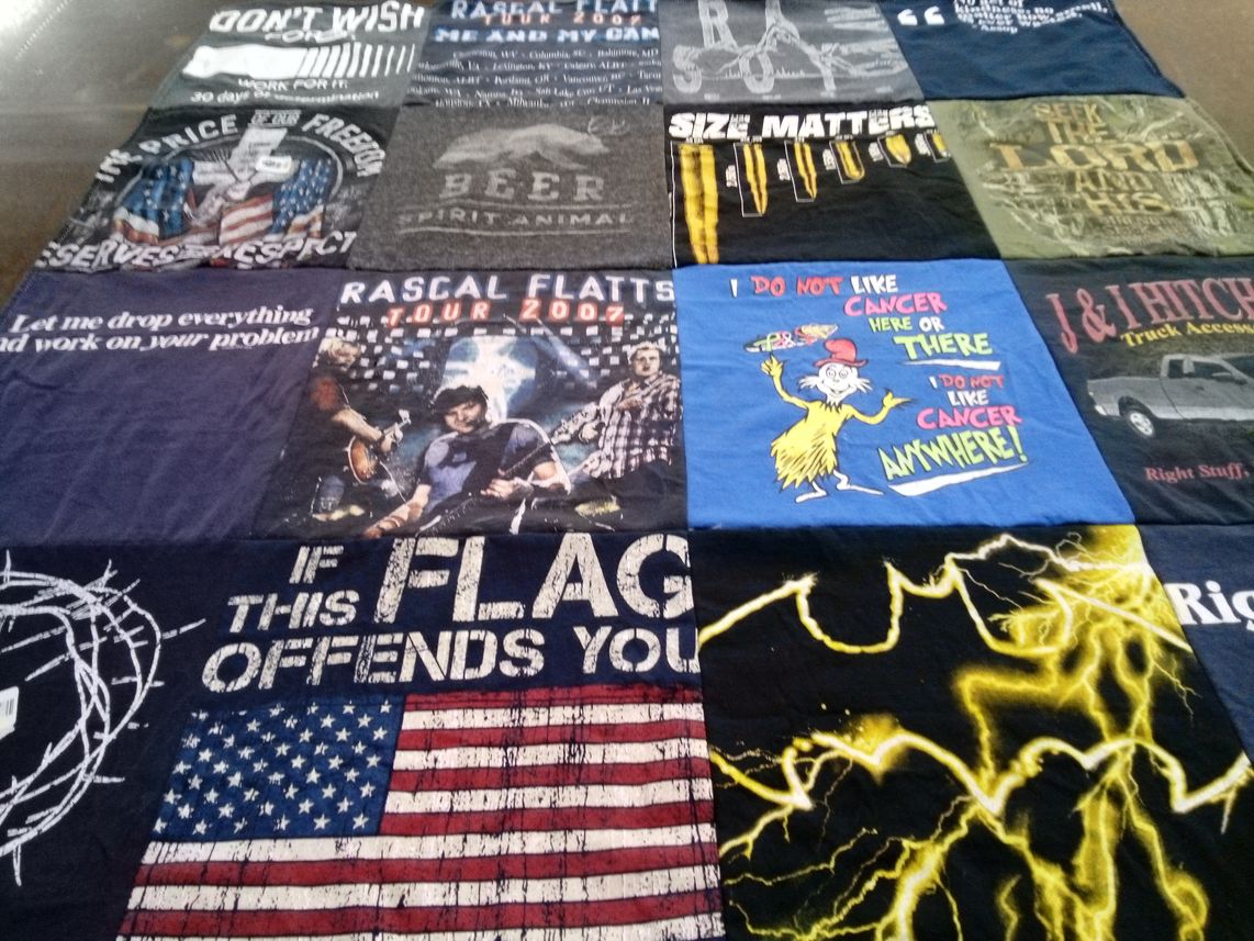 T-shirt quilt with music, cancer awareness themes by Tammy from KS