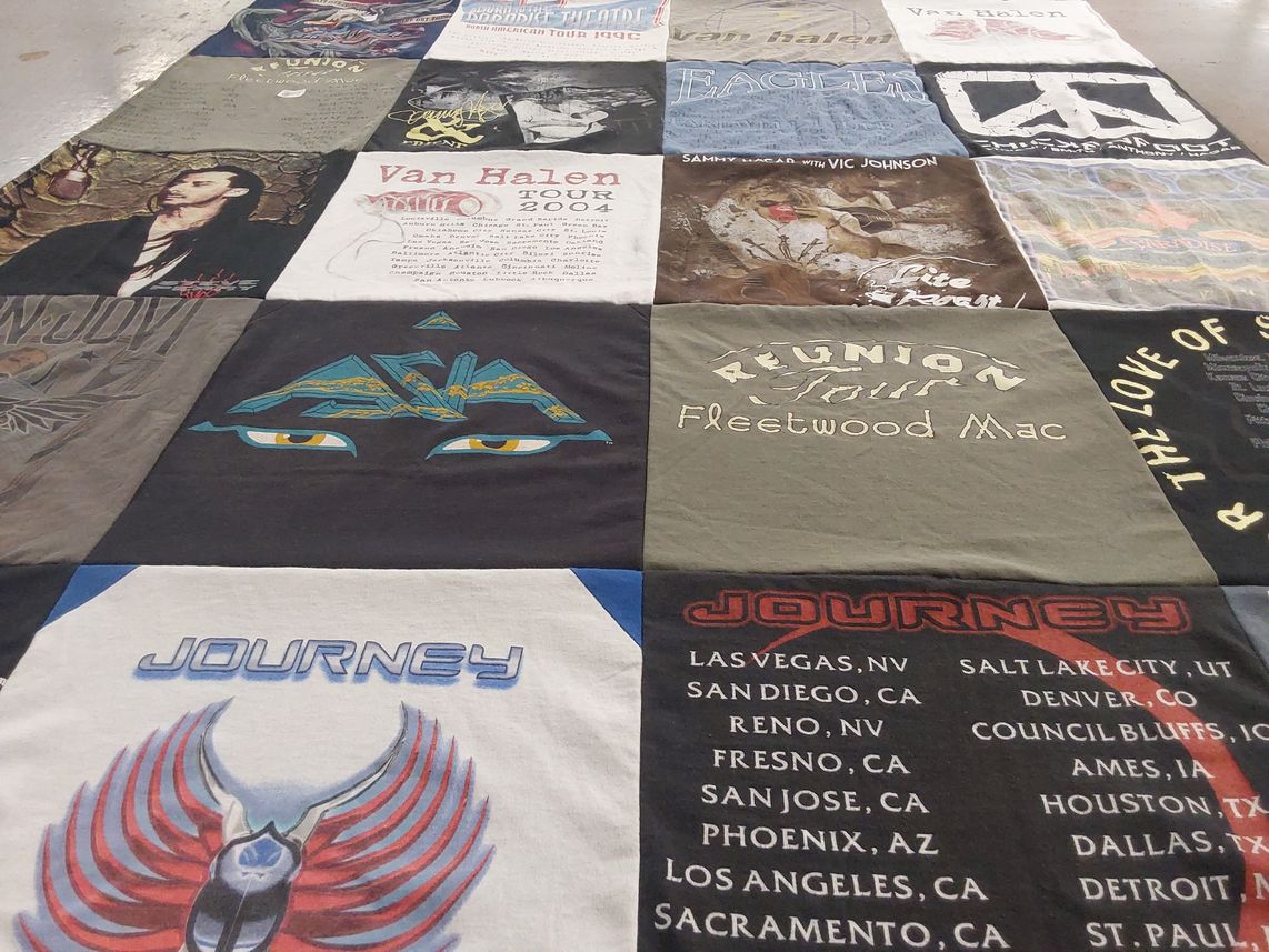 T-shirt quilt with music, concerts themes by Melody from CA