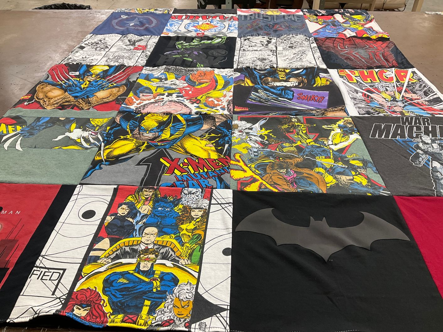 T-shirt quilt with comic books, superheroes themes by Melody from CA