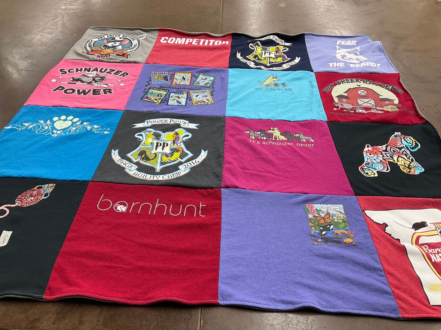T-shirt quilt with dog training, dog agility themes by Kathryn from WA
