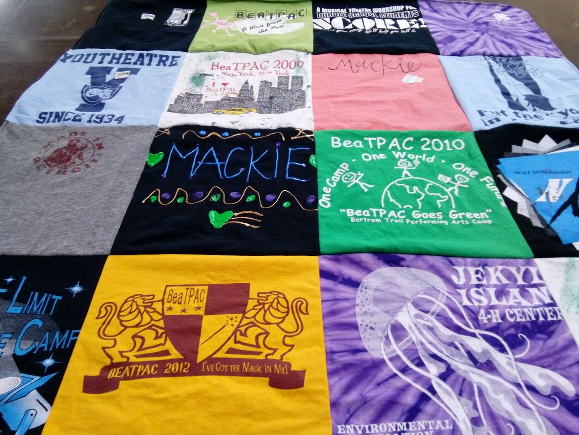 T-shirt quilt with performing arts, theater themes by Ellen from CO