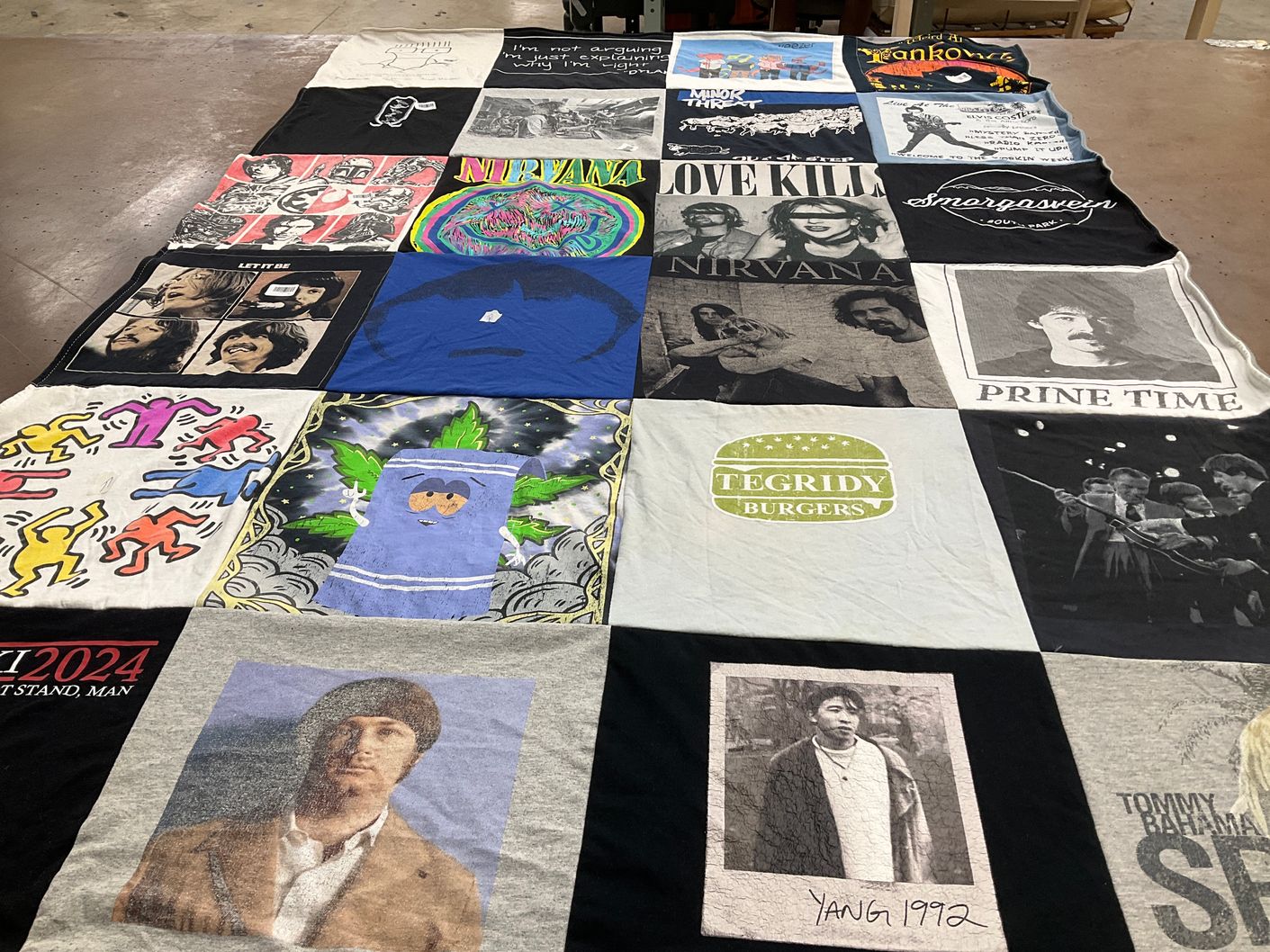 T-shirt quilt with music, art themes by Adam from NY