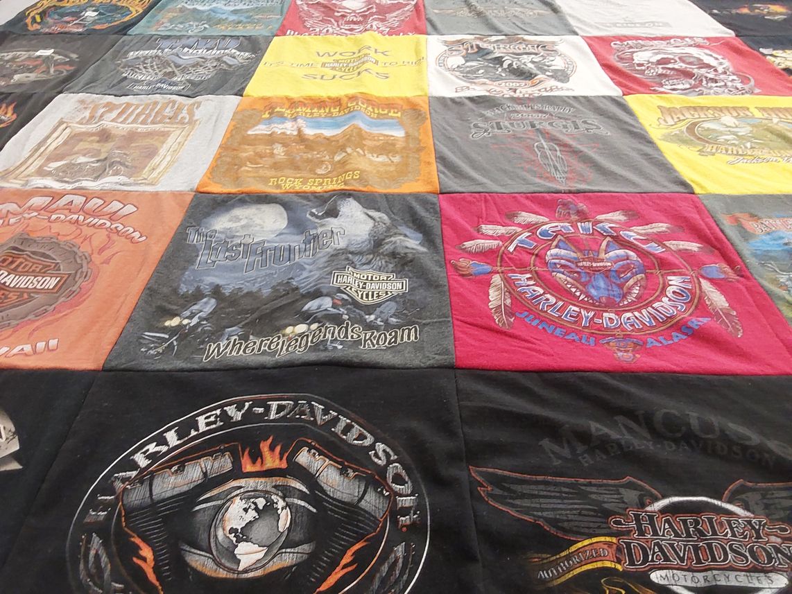 T-shirt quilt with motorcycles, biking themes by Kathleen from UT