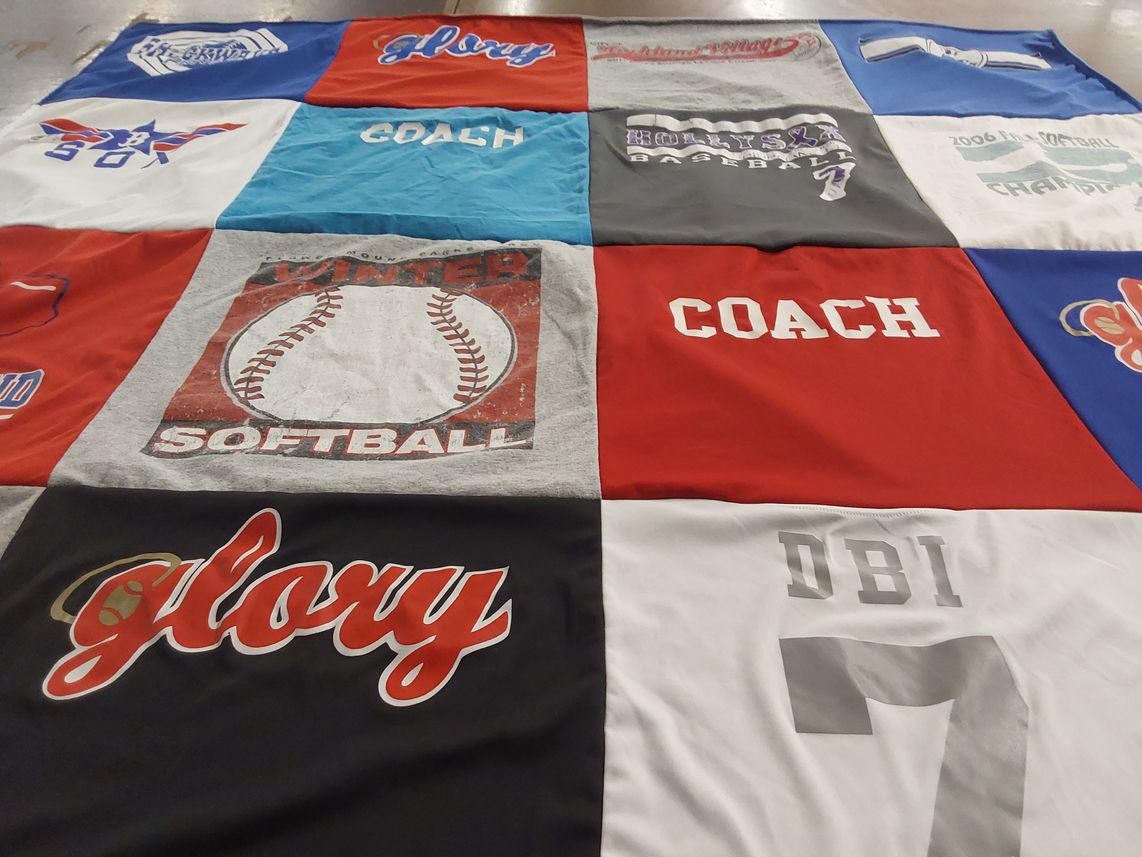 T-shirt quilt with sports, softball themes by Alecia from TX