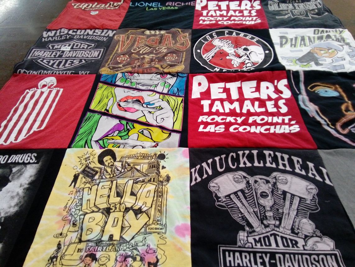 T-shirt quilt with motorcycles, food themes by Jazlynn from NV