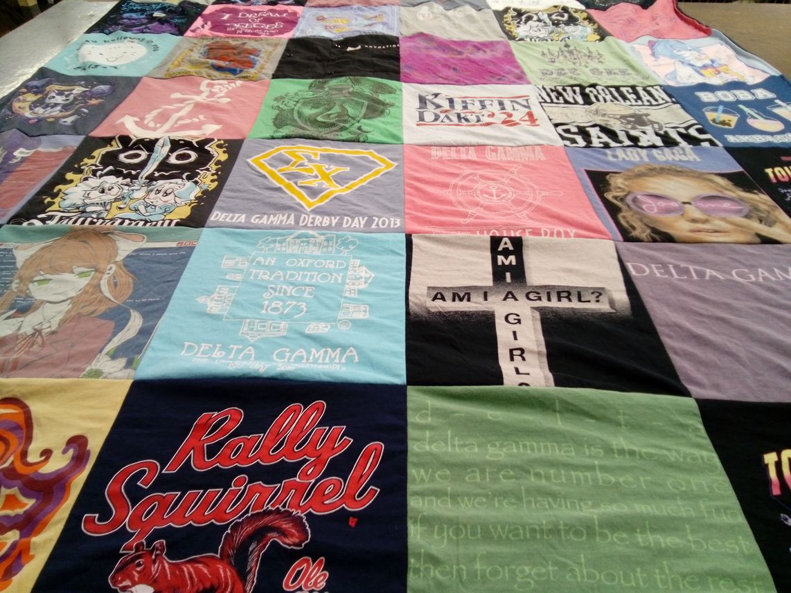 T-shirt quilt with sororities, fraternities themes by Mary Steele from TX