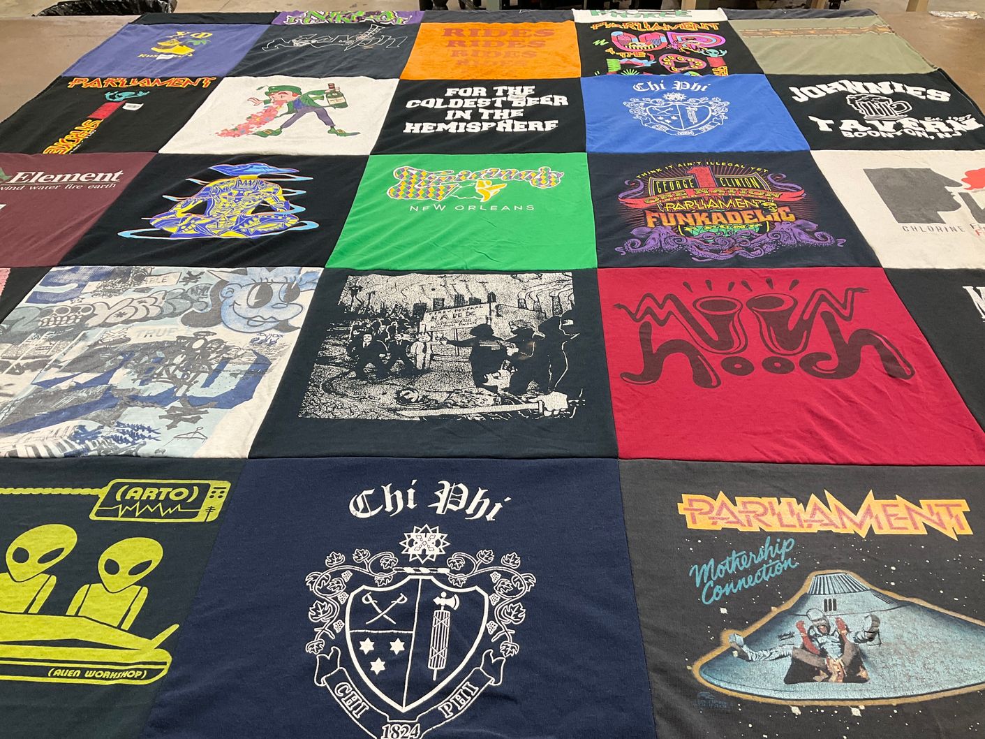 T-shirt quilt with music, art themes by Anneliese from NJ