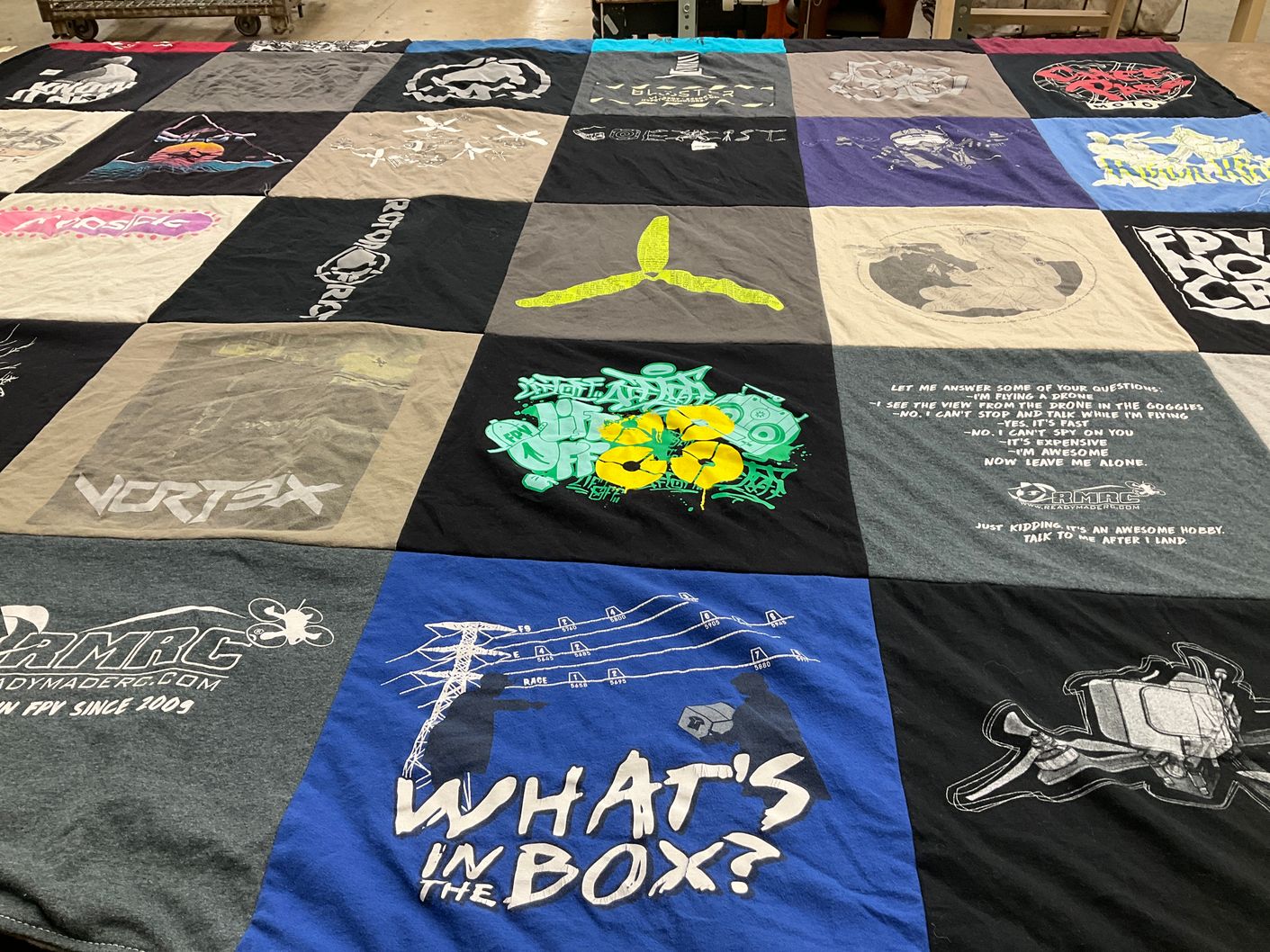 T-shirt quilt with drones, flying themes by Stephanie from KY