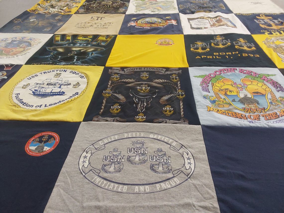 T-shirt quilt with navy, military themes by Karen from GA