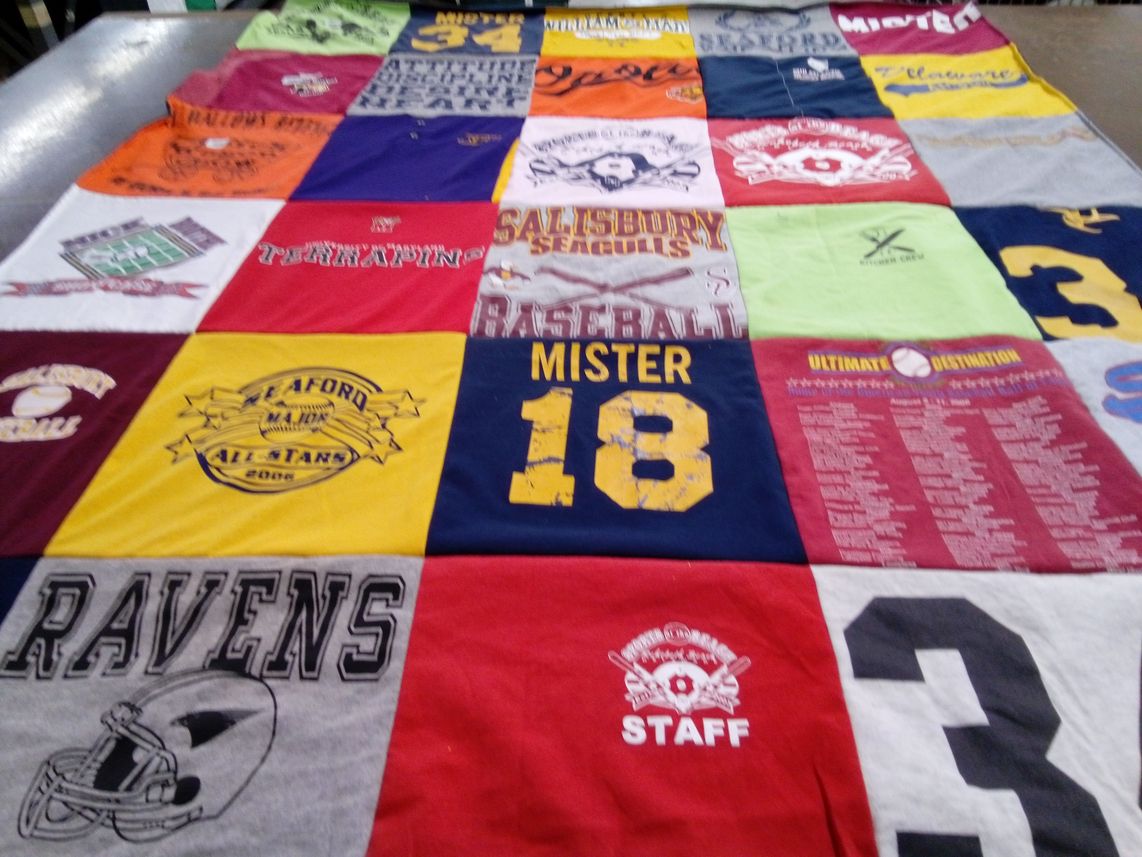 T-shirt quilt featuring salisbury seagulls, laurel high school ravens by Beverly from DE