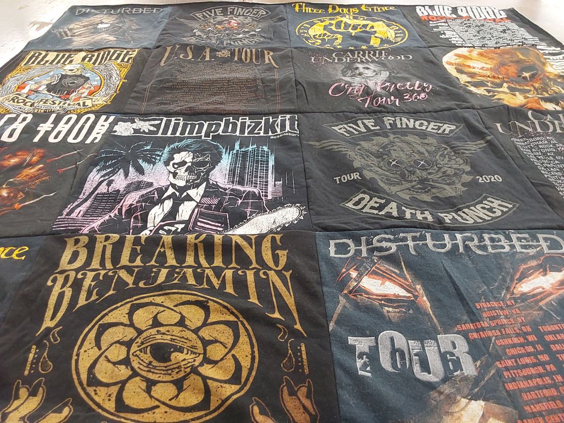 T-shirt quilt with music, concerts themes by Crystal from VA