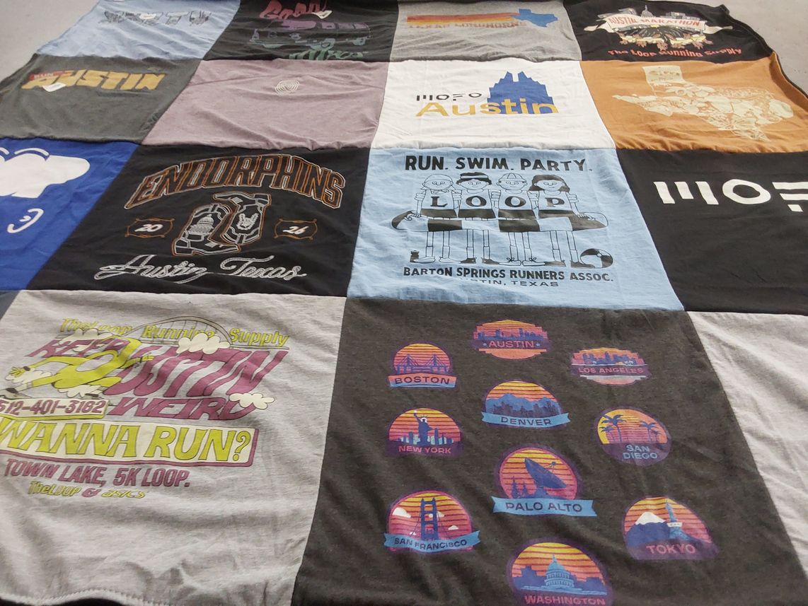 T-shirt quilt with running, fitness themes by Anna from VA