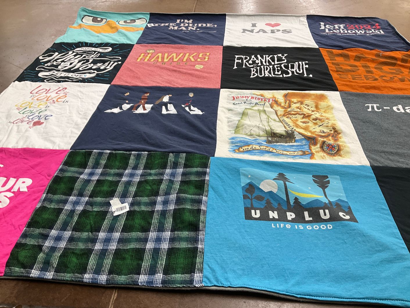 T-shirt quilt with music, outdoors themes by Martha from ID