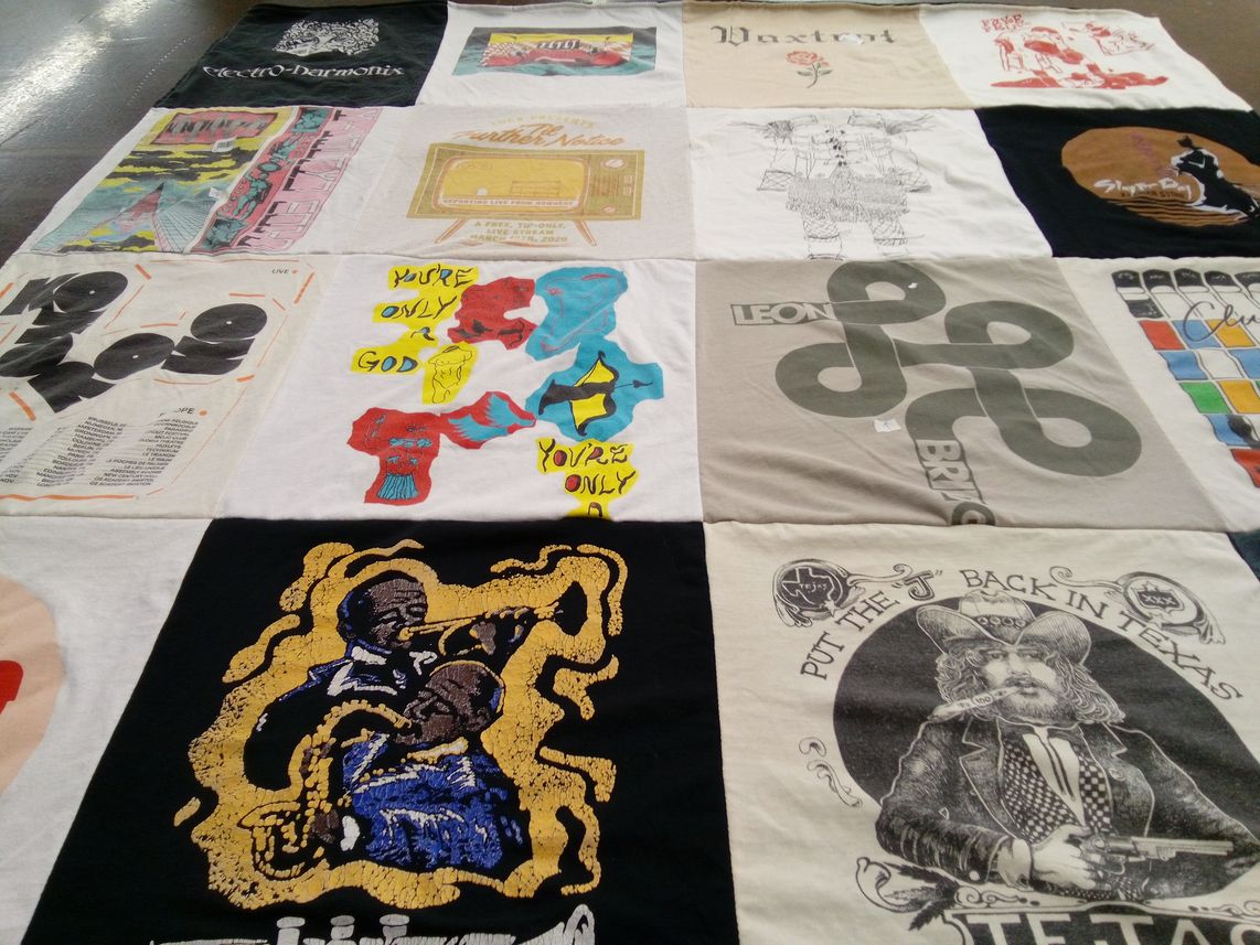 T-shirt quilt with music, art themes by Alexandra from TX