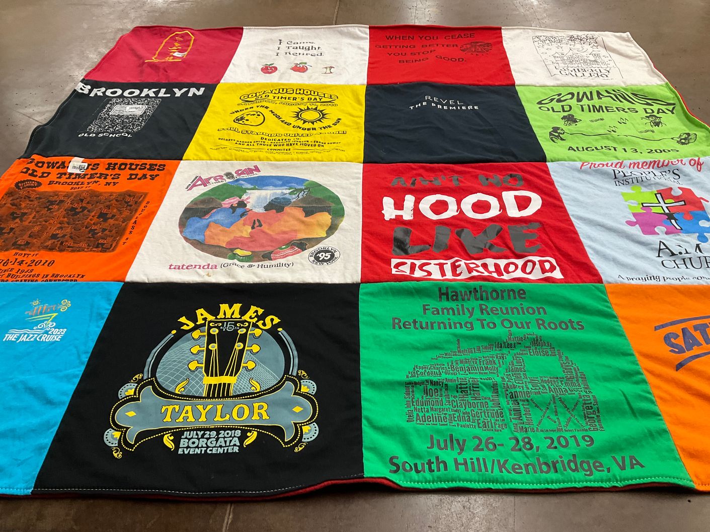 T-shirt quilt with family, music themes by Audrey from NY