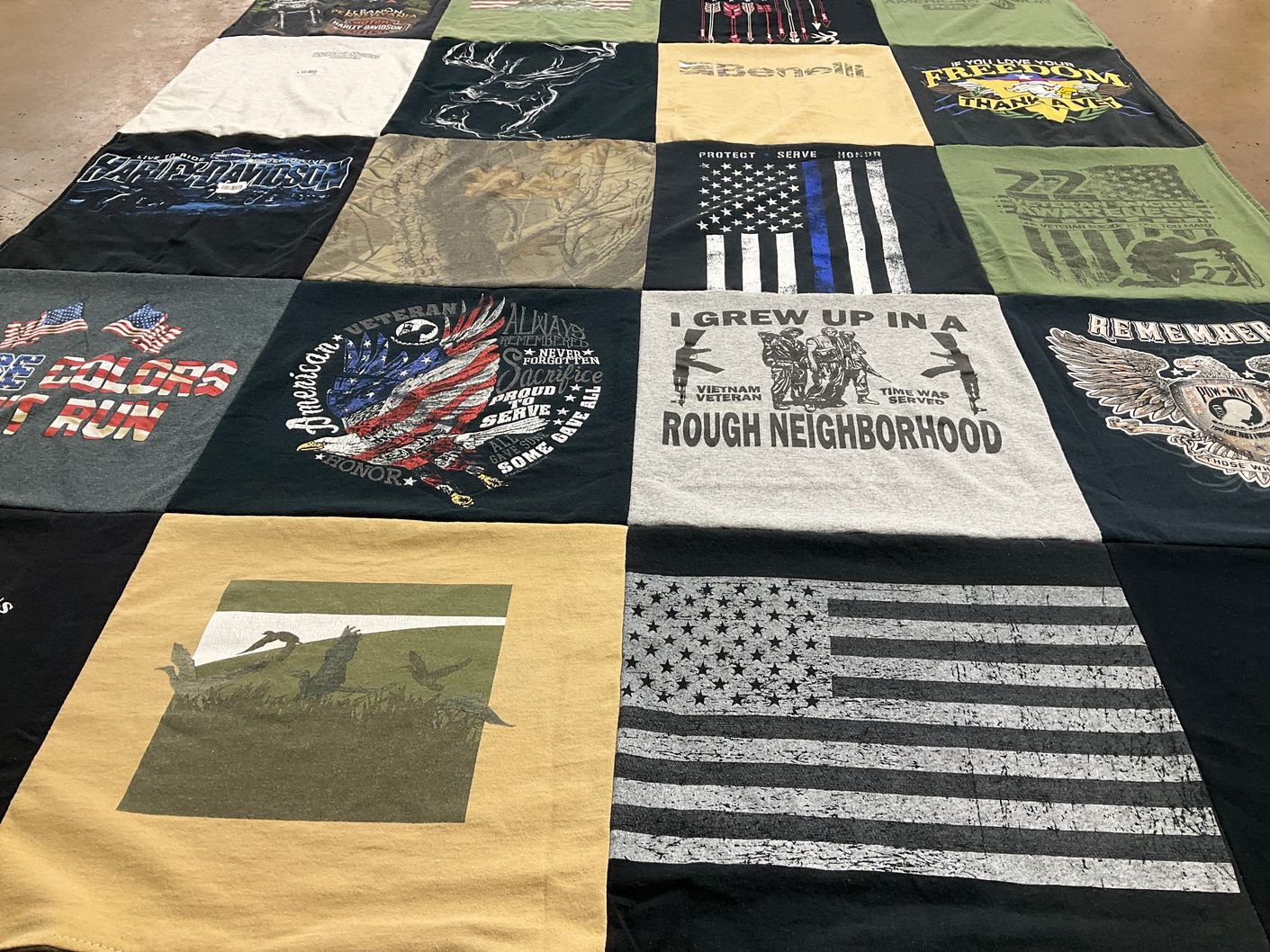 T-shirt quilt with veterans, patriotism themes by Nichole from PA