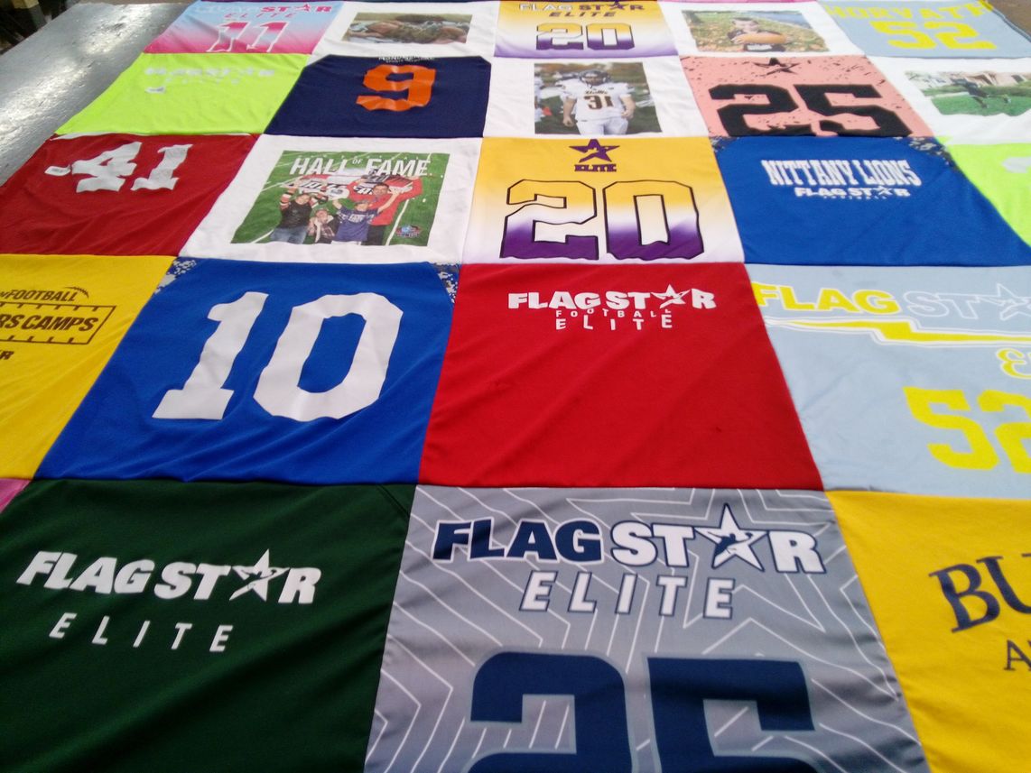 T-shirt quilt with sports, football themes by Christina from MD