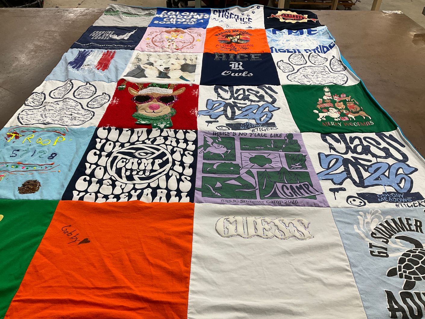 T-shirt quilt with summer camp, volleyball themes by Sophie from TX