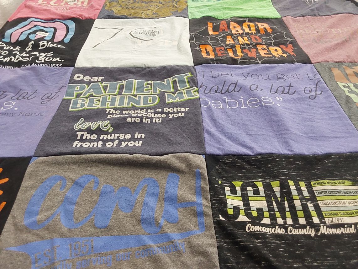 T-shirt quilt with healthcare, nursing themes by Jessie from OK