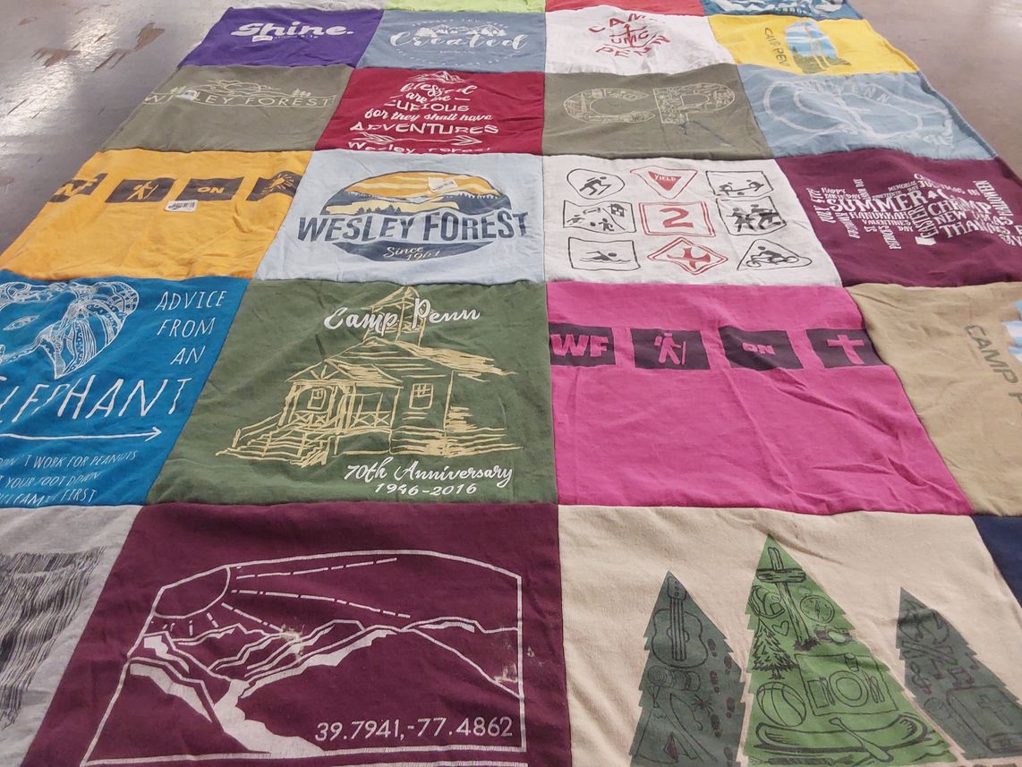 T-shirt quilt with camping, outdoor activities themes by Janeen from PA