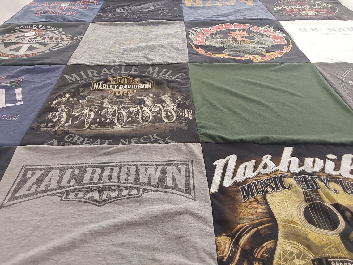T-shirt quilt with motorcycles, music themes by Cathryn from NY