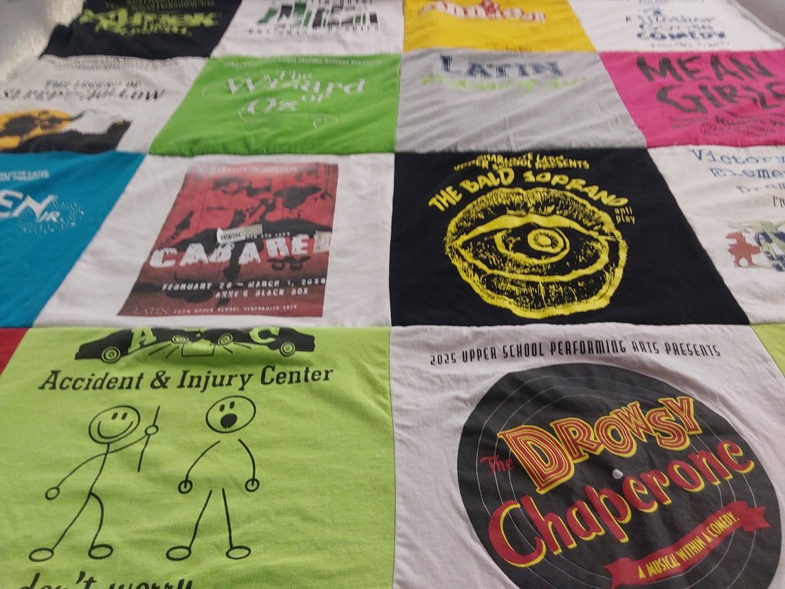 T-shirt quilt with theater, musicals themes by Hanna from NC