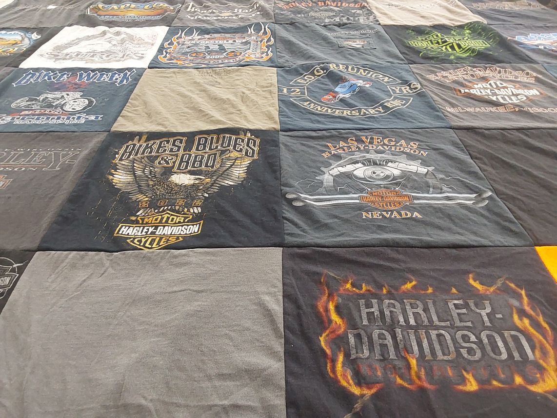 T-shirt quilt with motorcycles, biking themes by Hannah from MA