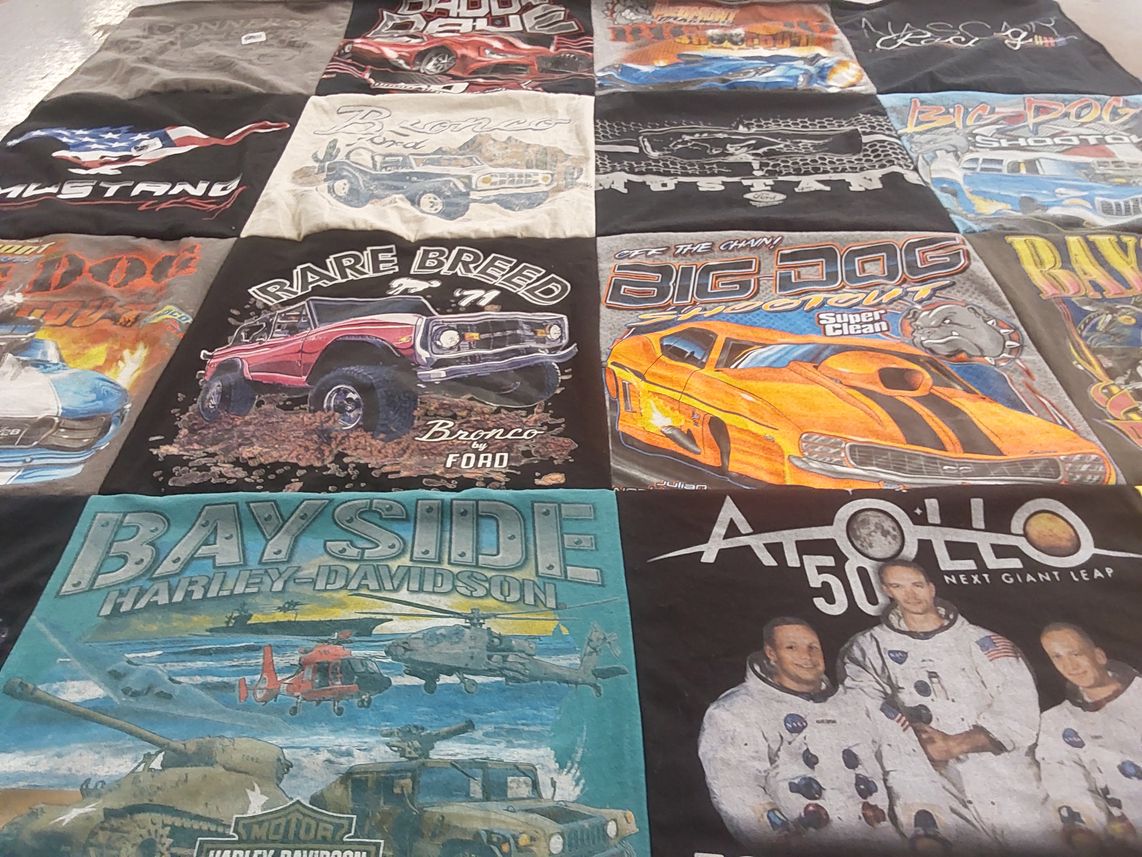 T-shirt quilt with cars, motorcycles themes by Jennifer from VA