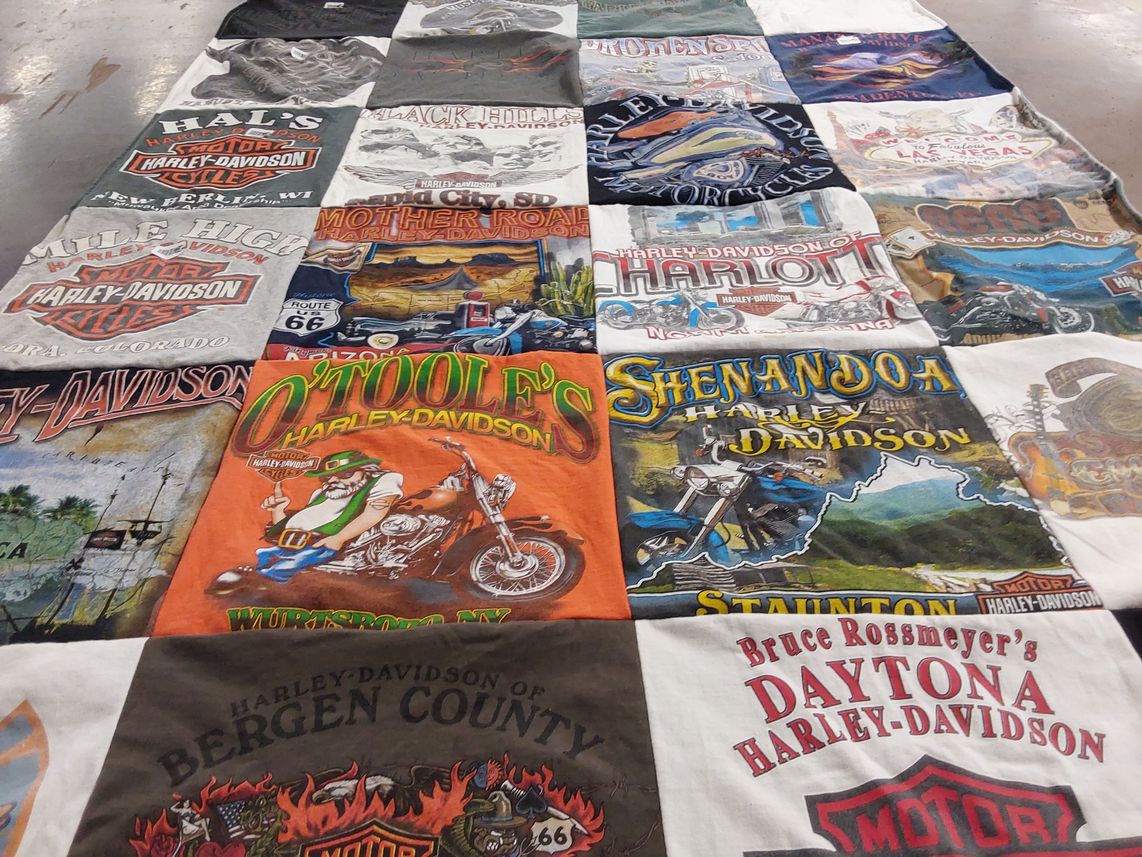 T-shirt quilt with motorcycles, biking themes by Megan from NJ