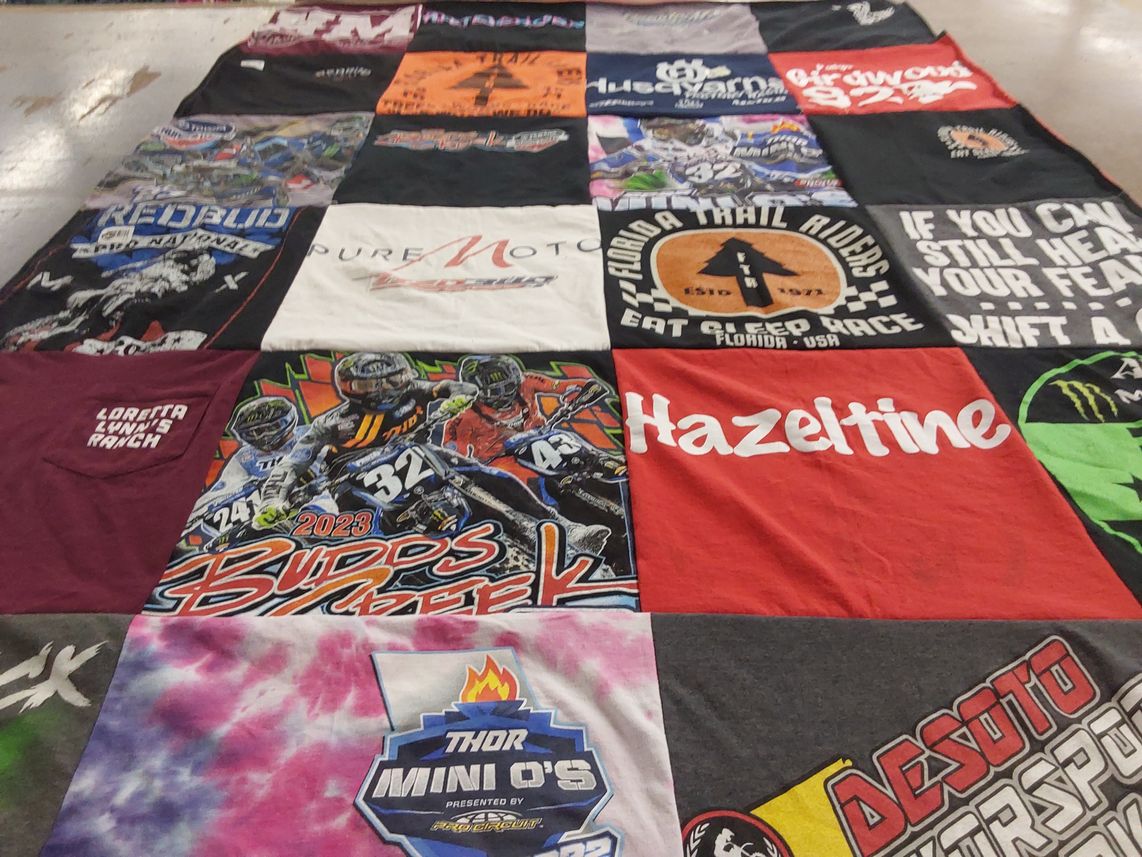 T-shirt quilt with motorcycling, racing themes by Paige from FL