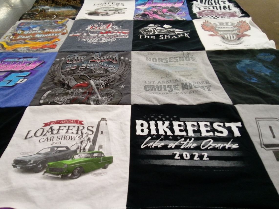 T-shirt quilt with motorcycles, car shows themes by Lisa from MO