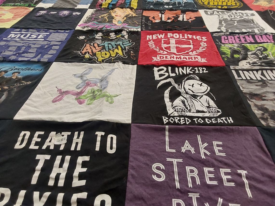 T-shirt quilt with music, bands themes by Claudine from NY