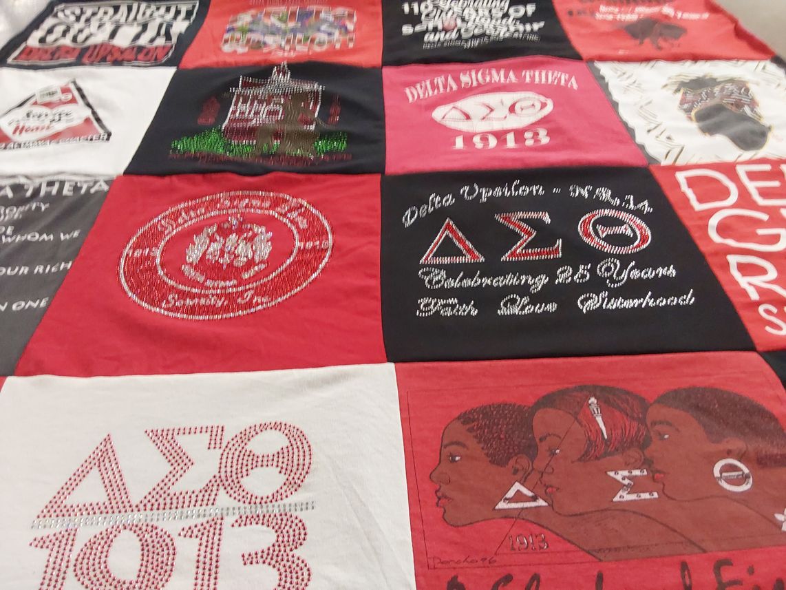 T-shirt quilt with sororities, sisterhood themes by Tavia from MI