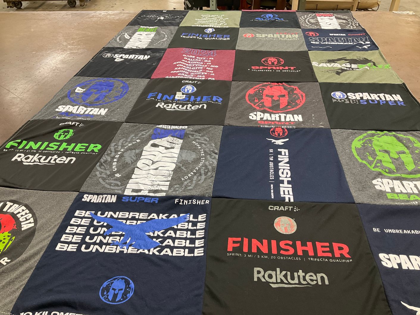 T-shirt quilt with obstacle course racing, fitness themes by Clairessa from NC