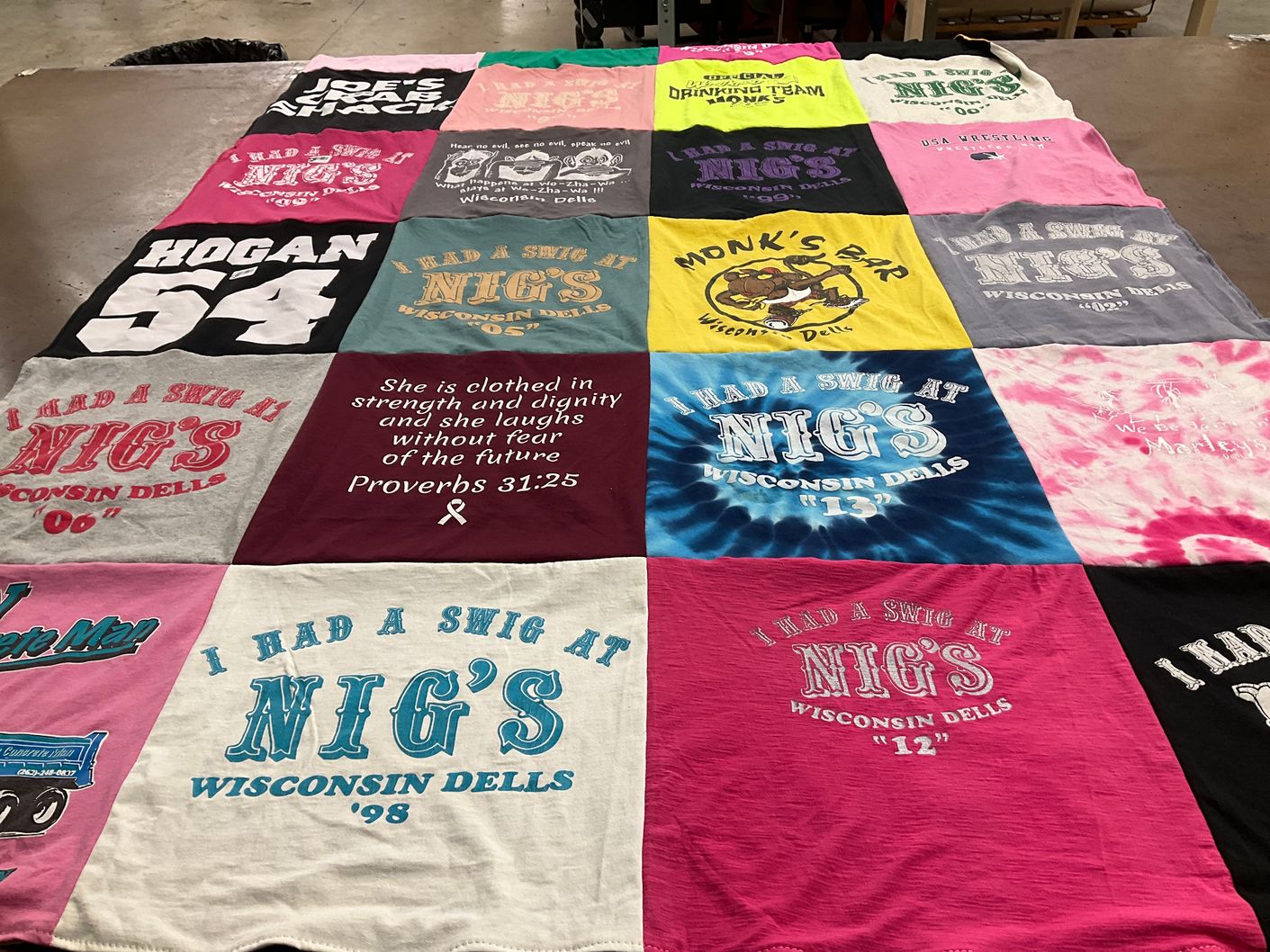 T-shirt quilt with drinking, wrestling themes by Nicole from AZ